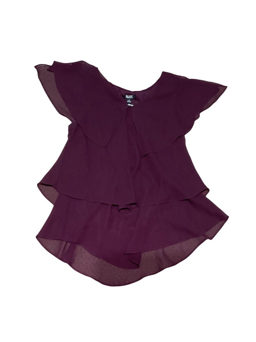 NWT SLNY Missy Blouse Sz 14 Eggplant Flutter with Brooch Detail Polyester Womens
